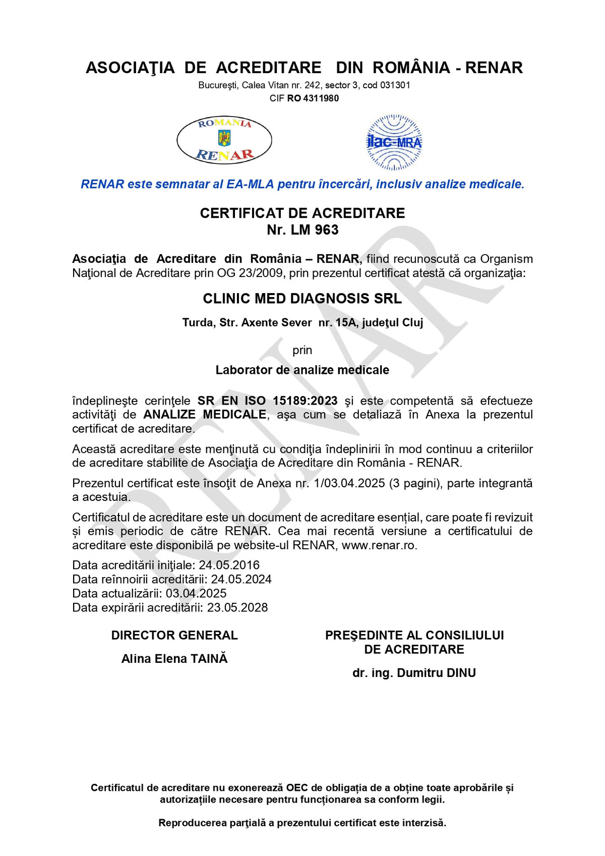 Certificat de acreditare RENAR nr. LM 963